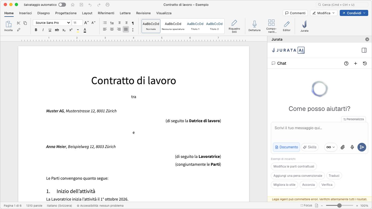 Componente aggiuntivo Jurata accanto a un contratto di lavoro in Microsoft Word