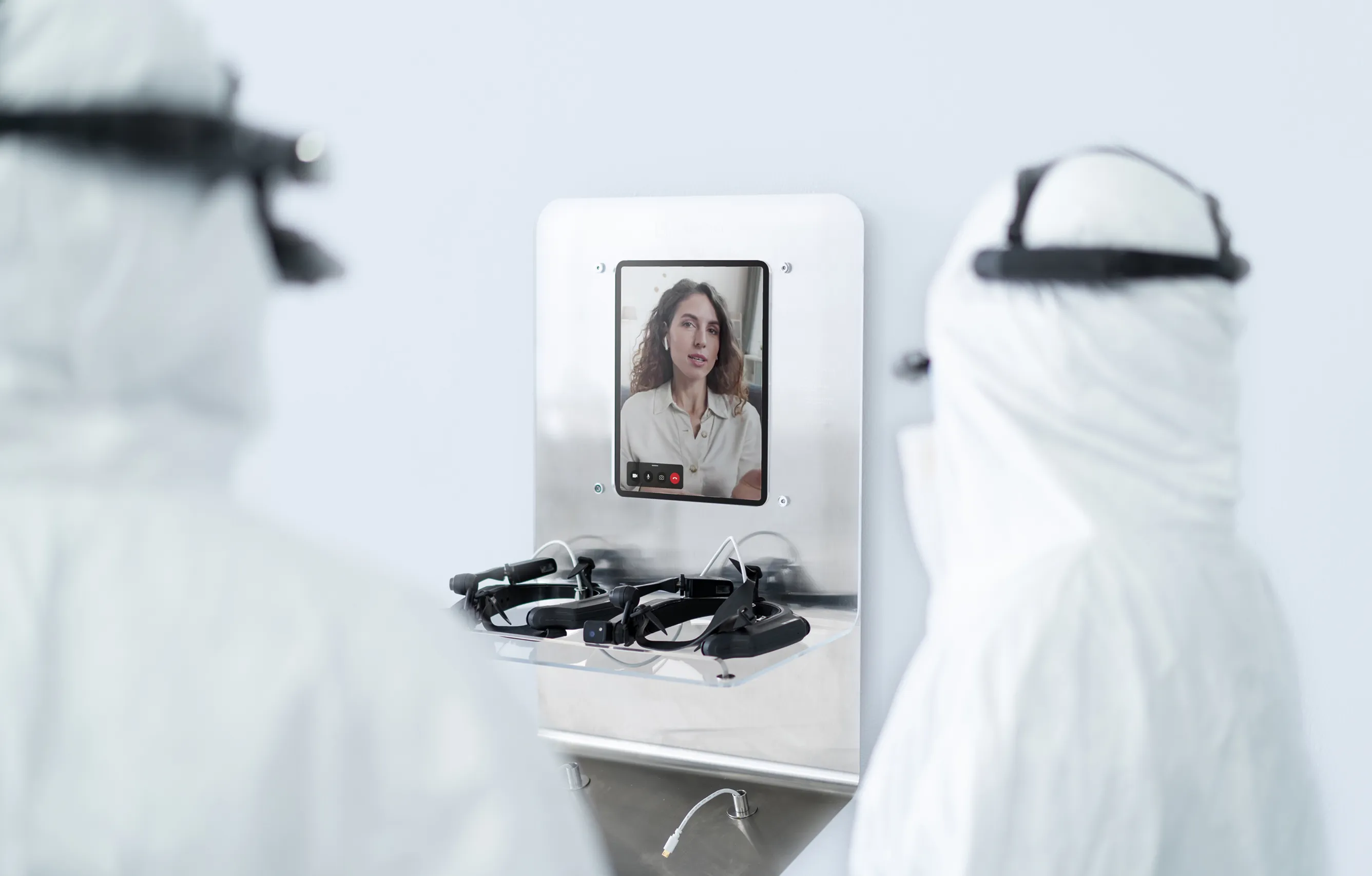 Apprentice pharmaceutical lab hub with headset storage and integrated touchscreen