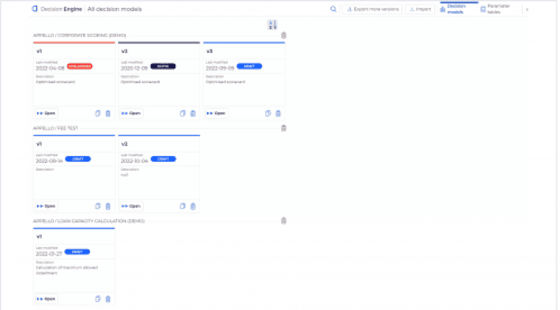 Screenshot of a digital platform interface, showing multiple project cards with labels like "AMPEFLOW CORPORATE SCREENING SERVICE" and "AMPEFLOW FEE TEST," each with version numbers, status tags (e.g., "LIVE," "DRAFT"), and clickable options for opening or editing, set against a minimalistic white background.