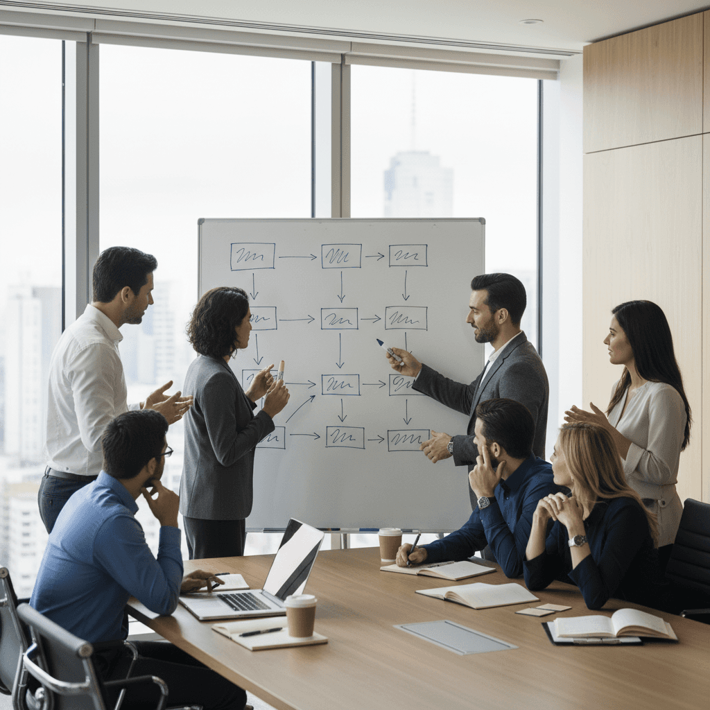 Cross-functional business team planning marketing automation workflow milestones on a whiteboard