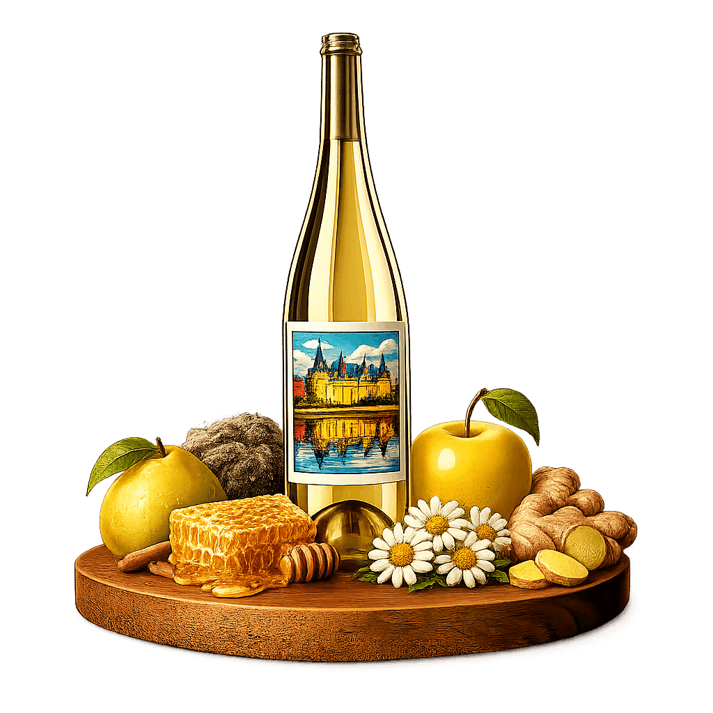 Artistic label and flavor profile for Loire Chenin Blanc on a rustic wooden table.