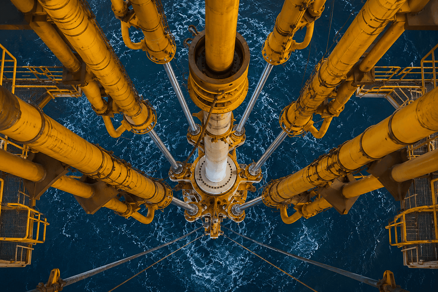 Offshore oil rig pipes going into the ocean