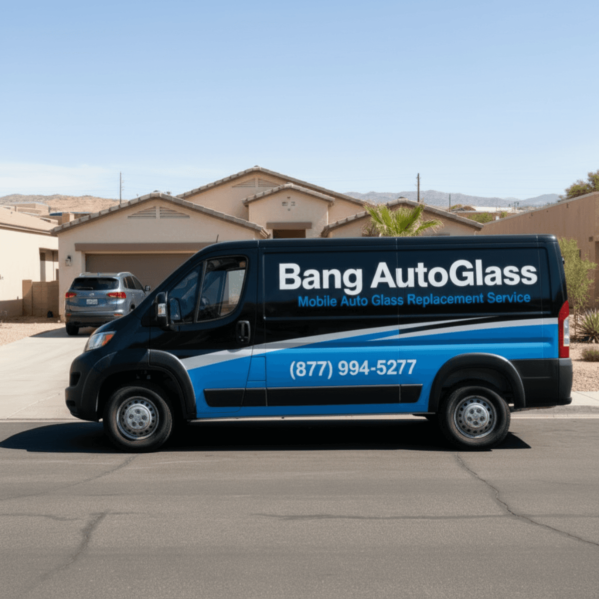 Bang AutoGlass mobile windshield replacement van parked outside a customer's home in Surprise, AZ