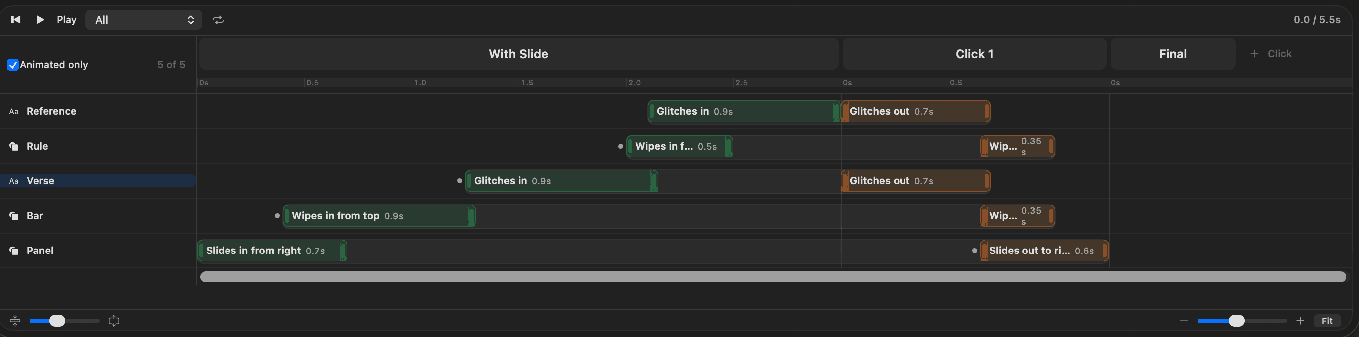 Animation timeline with object tracks, transitions and click sequences