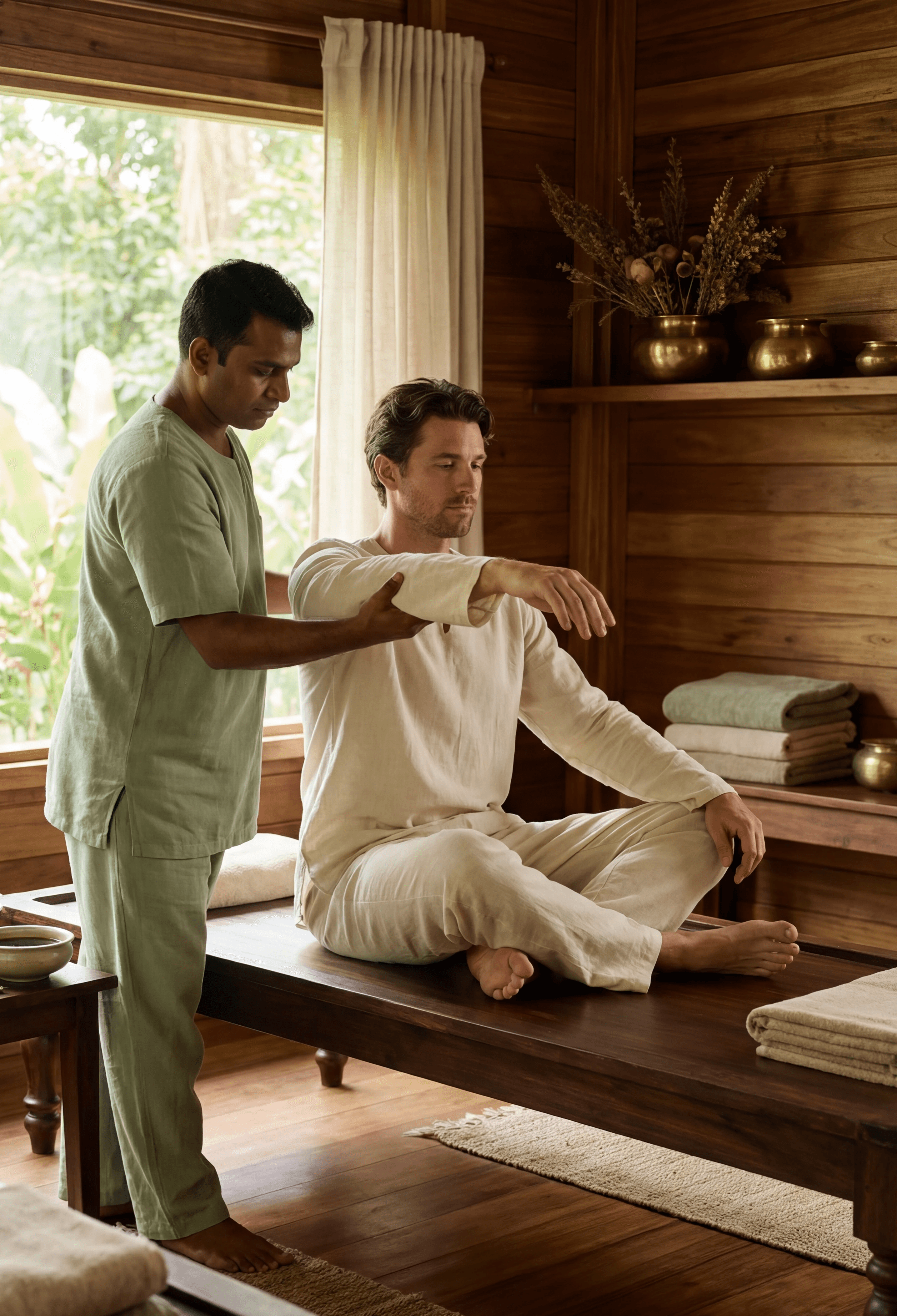 An indoor Ayur-Physio rehabilitation session at an authentic Ayurvedic resort in Panama: an Indian male Ayurvedic practitioner wearing calm green attire gently assisting a male guest on a traditional Indian wooden pathi. The session focuses on guided movement, joint support, or post-injury rehabilitation. The guest appears supported and relaxed, not in pain. Warm wooden interiors, linen fabrics, soft natural daylight, and subtle Ayurvedic elements such as herbal oil bowls nearby. Emphasis on recovery, mobility, and long-term physical health. Earthy tones, muted greens, warm browns. Realistic, high-end wellness photography style, professional and reassuring.