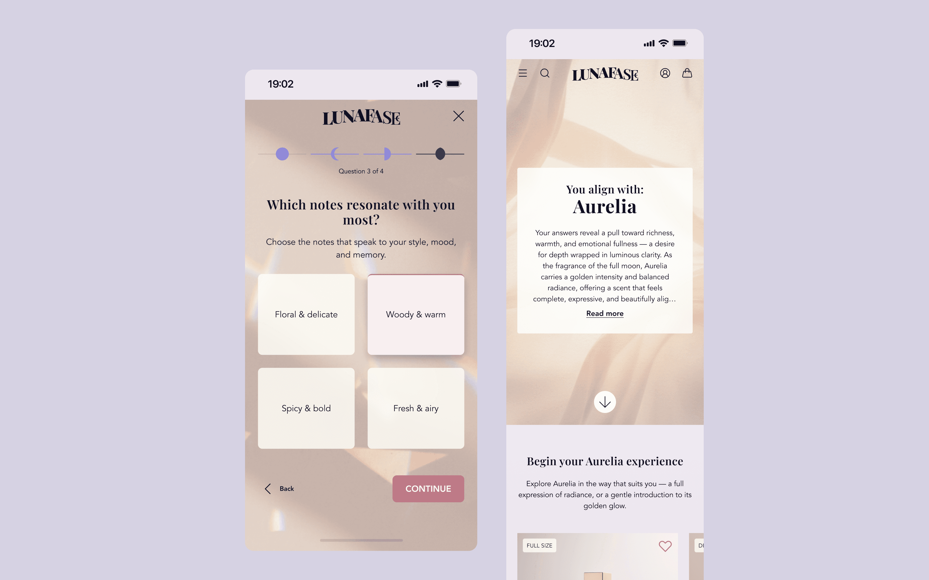Fragrance quiz question and results screens