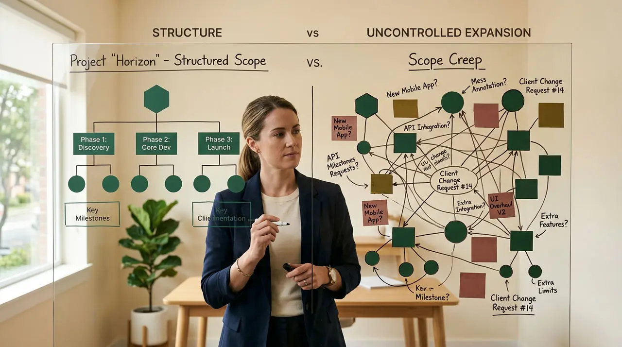 Diagrama de proyecto que muestra un alcance claro que se expande desordenadamente, representando la corrupción de alcance.