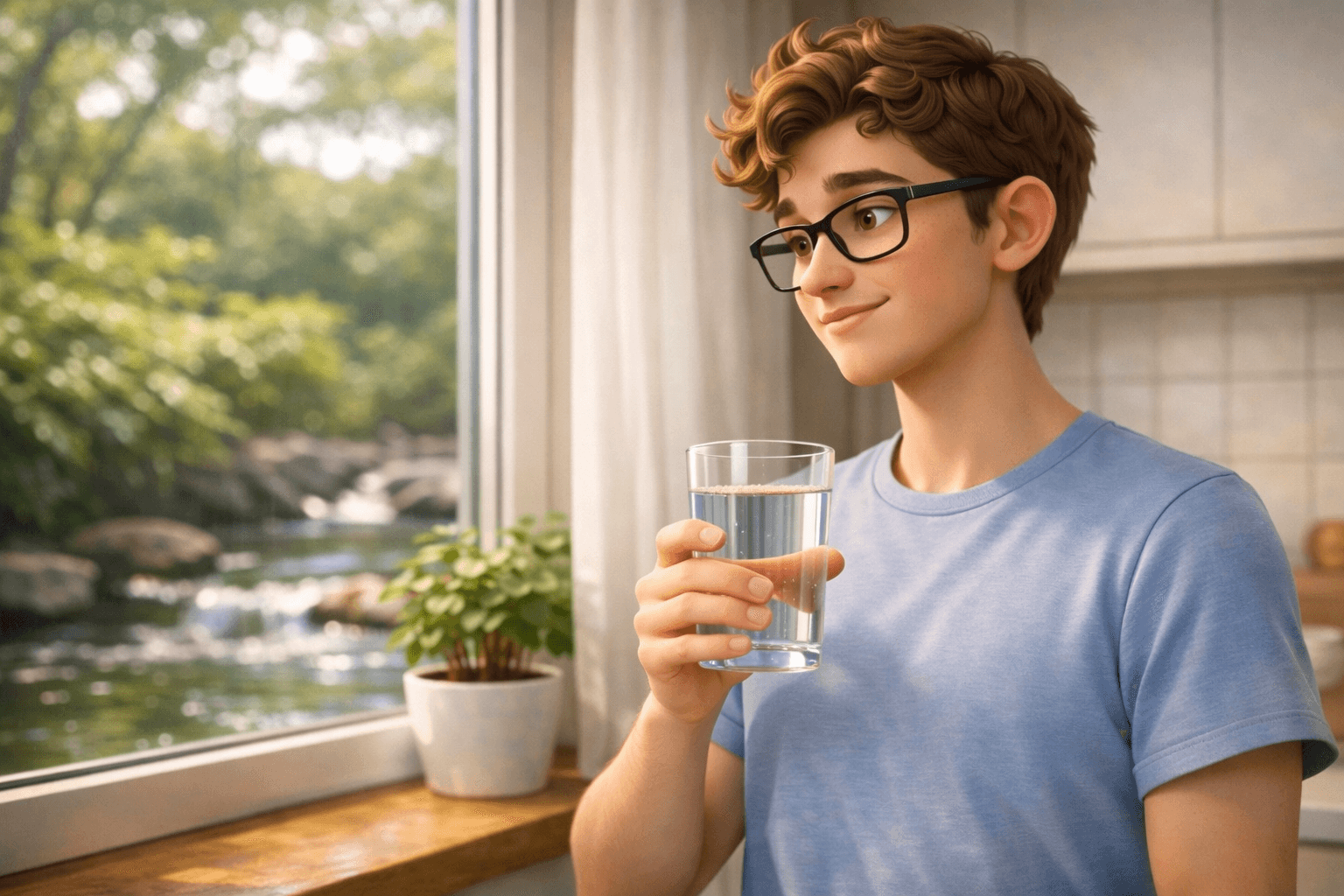 Young man holding a glass of drinking water near a window with a natural stream outside