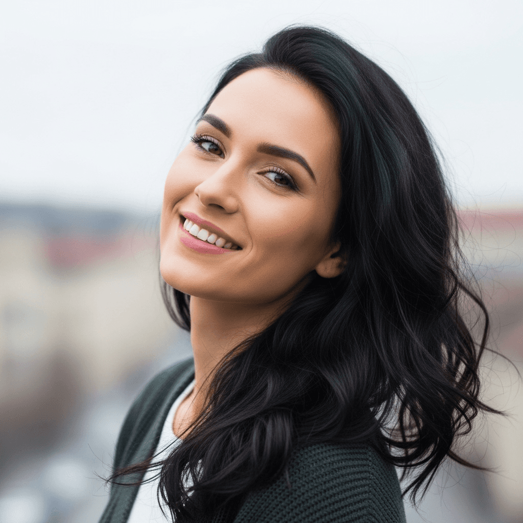 a woman standing in front of a building