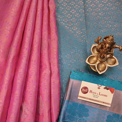 Soft Pink and Teal Green Floral Kanchivaram Silk Saree