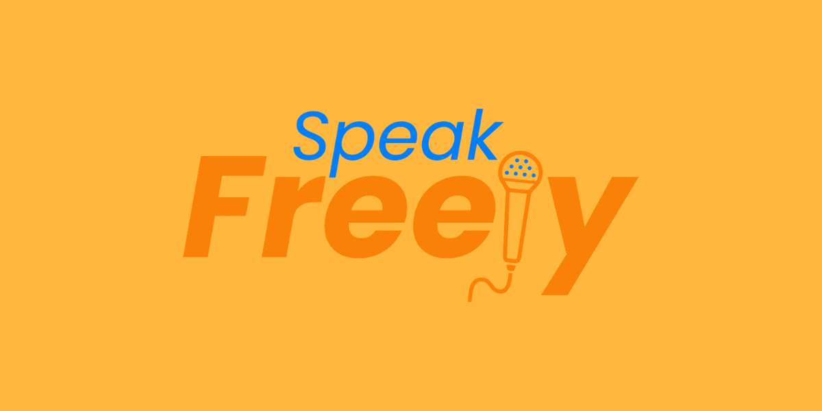 Logo of Speak Freely Studio, emphasizing everyday perspectives through authentic storytelling with a microphone icon and bold typography.