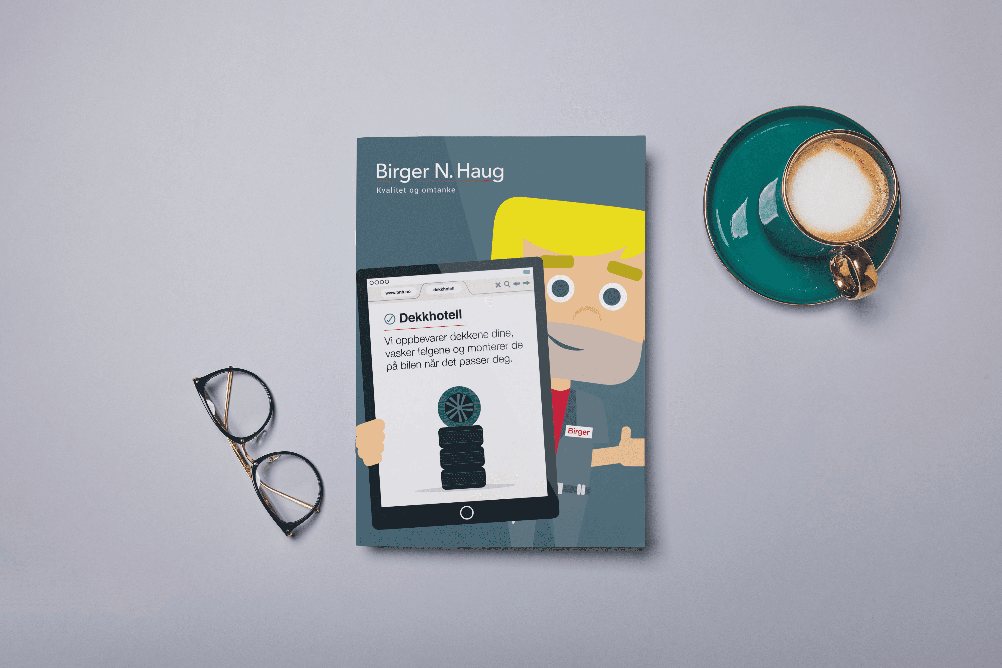 Bilde som viser noe av det Brakk illustrerte og designet for bilforhandleren Birger N. Haug AS