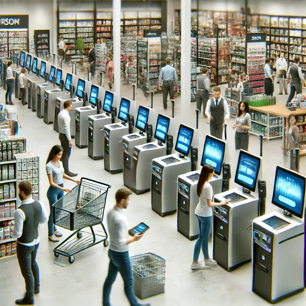 "A busy retail store with multiple self-checkout terminals in use. Shoppers of various ages scan items at sleek, modern kiosks, while employees monitor and assist. The scene highlights the speed, efficiency, and reduced need for cashiers, showcasing the convenience and technological advantages of self-checkout in retail.