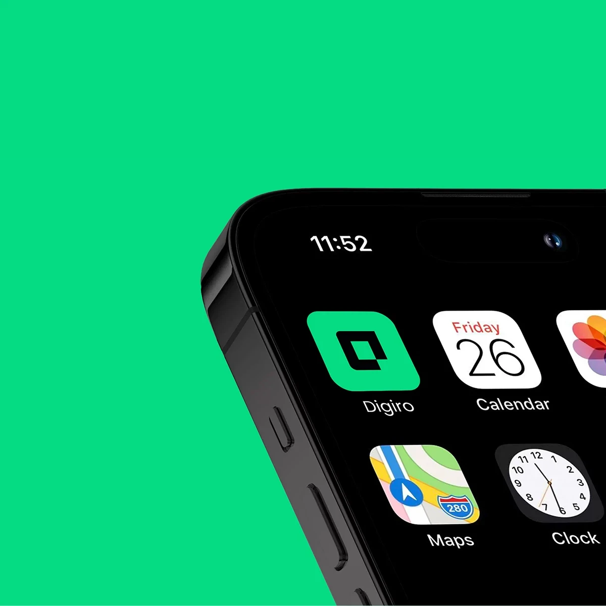 A close-up shot of a smartphone home screen with the Digiro app icon displayed among other apps on a green background.