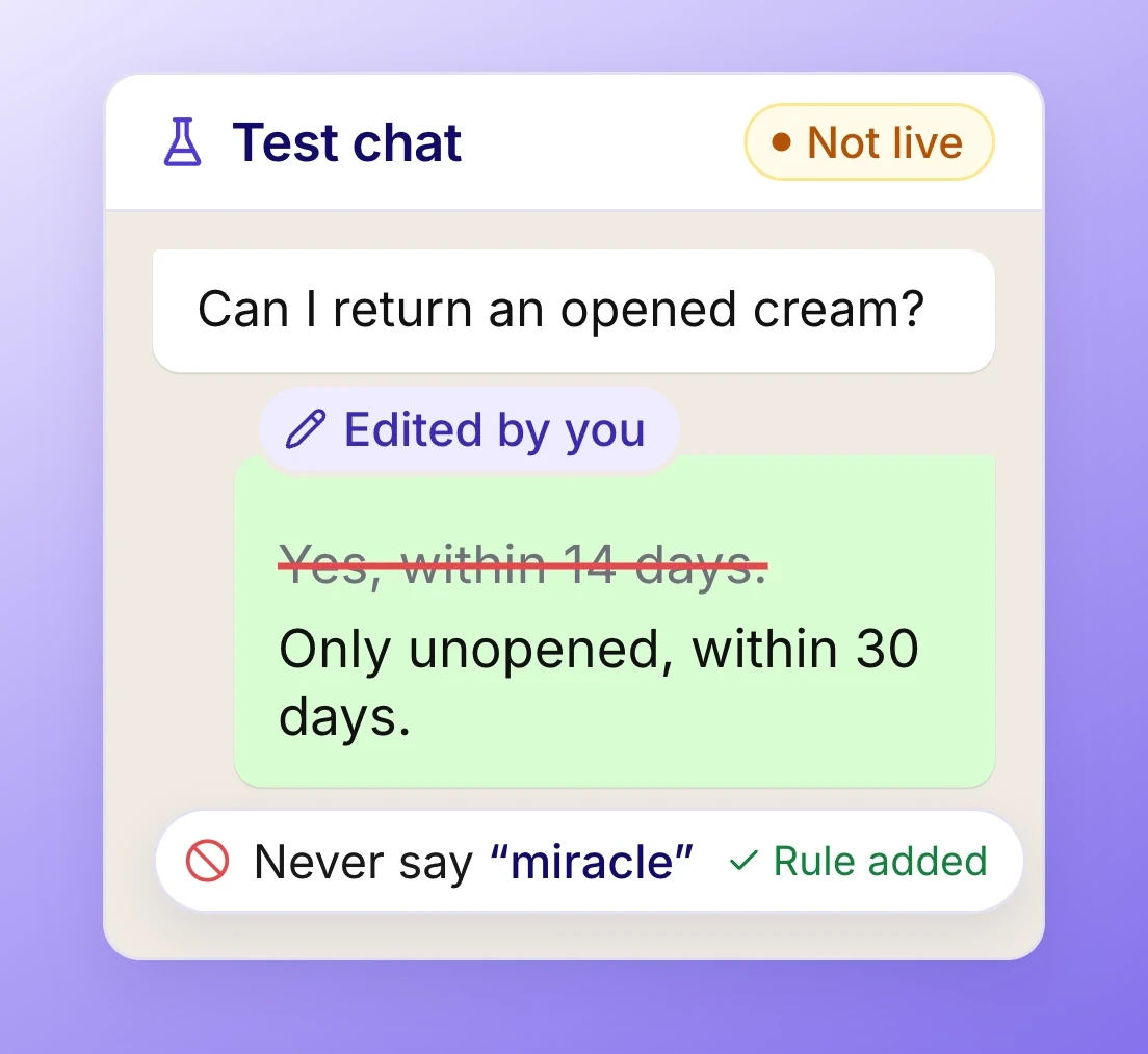 Test chat with an edited answer and a never-say rule