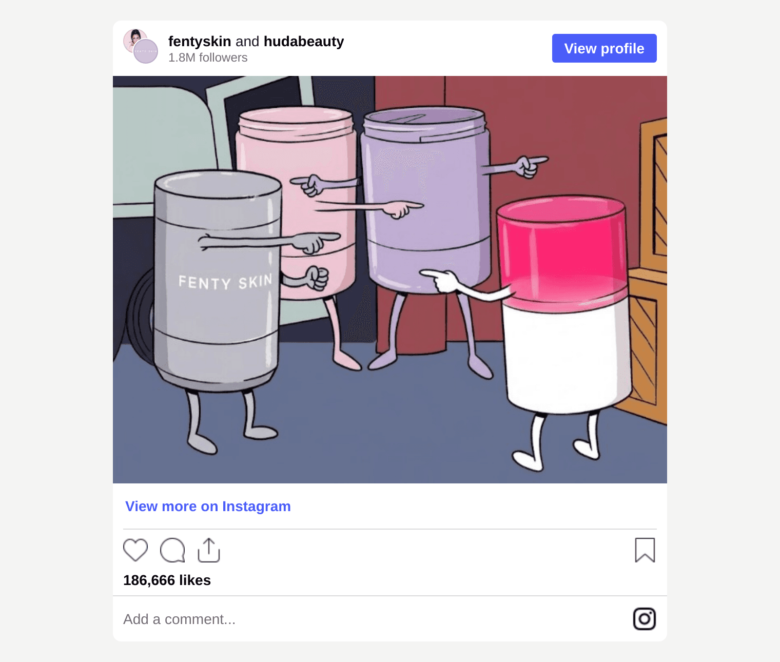 Fenty Skin Instagram post: cartoon eye-patch jars pointing at each other in the Spider-Man meme