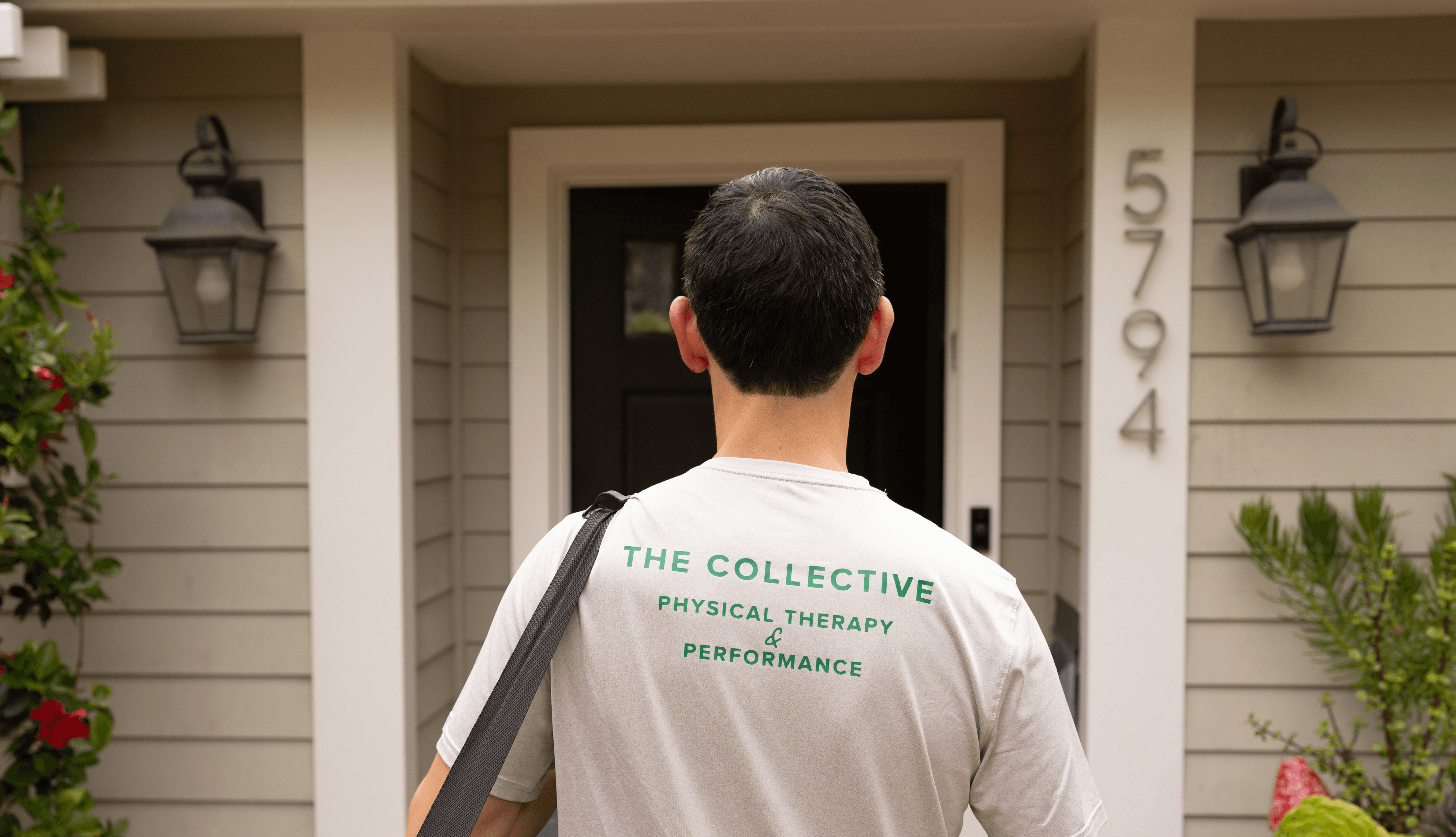 Physical therapist entering home for treatment session