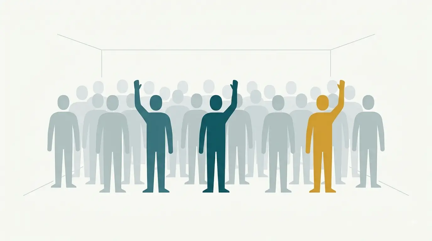 Illustration showing most guests invisible to the host and only the few who ask questions standing out.