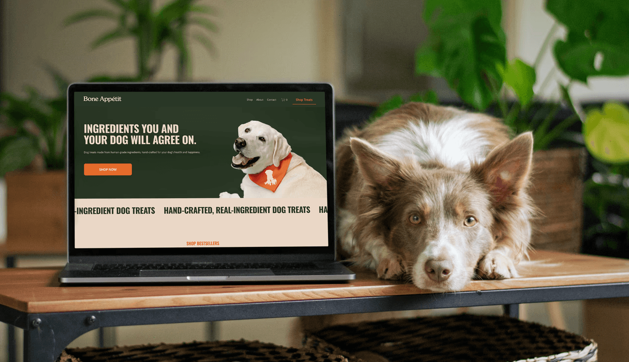 Mockup of a dog next to refreshed website design for Bone Appetit Dog Treats