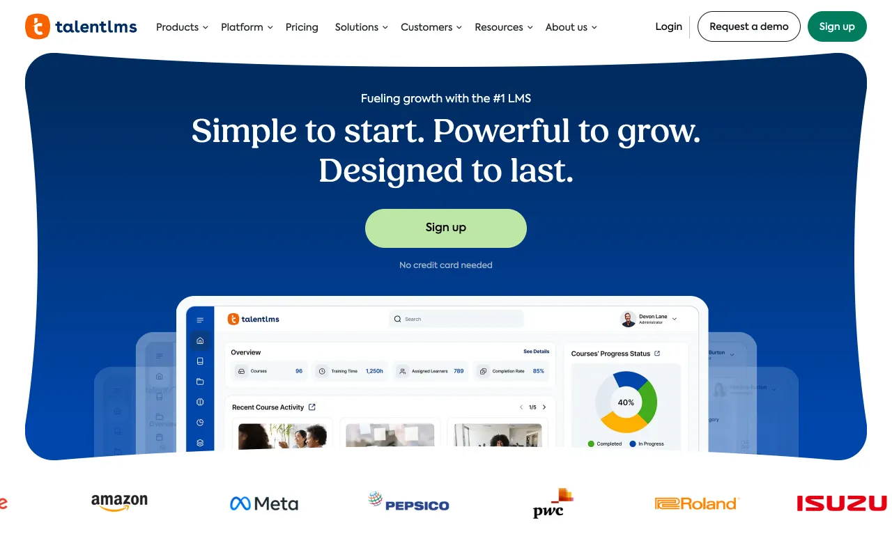 TalentLMS homepage, simple to start LMS for teams