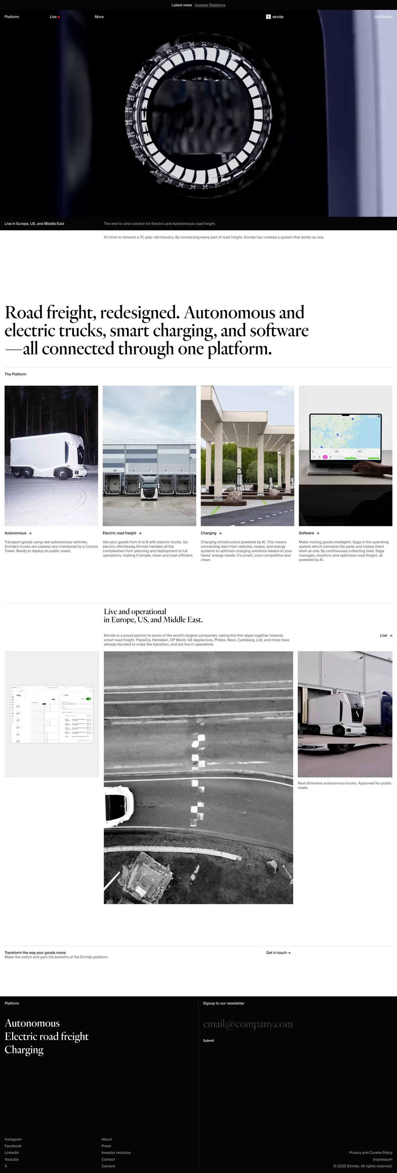 Einride - Intelligent movement landing page screenshot showcasing Automotive and Tech design