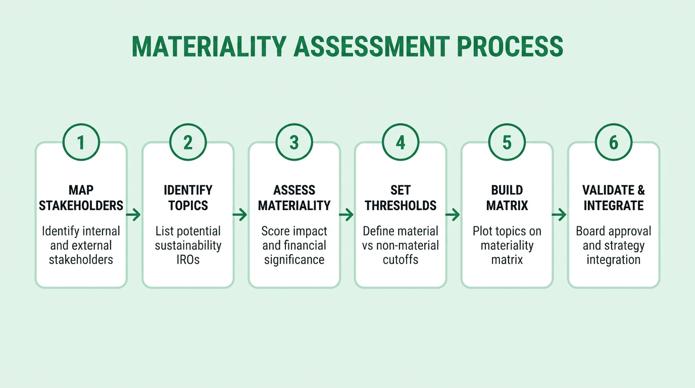 Six-step materiality assessment process flow from stakeholder mapping through validation and integration