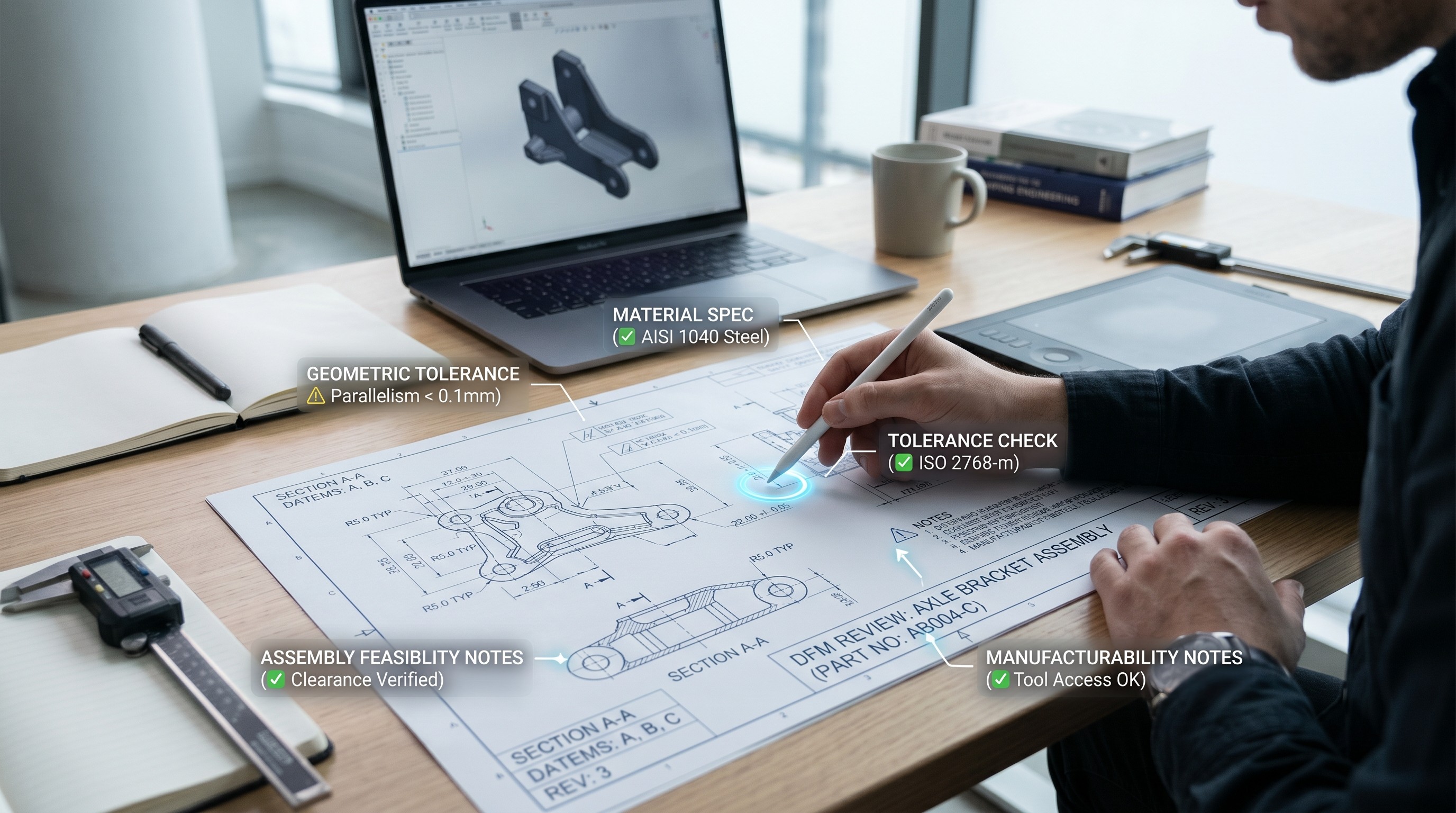 Engineering workspace showing a detailed mechanical drawing with DFM checklist annotations, precision tools, and a digital interface highlighting manufacturability review points.