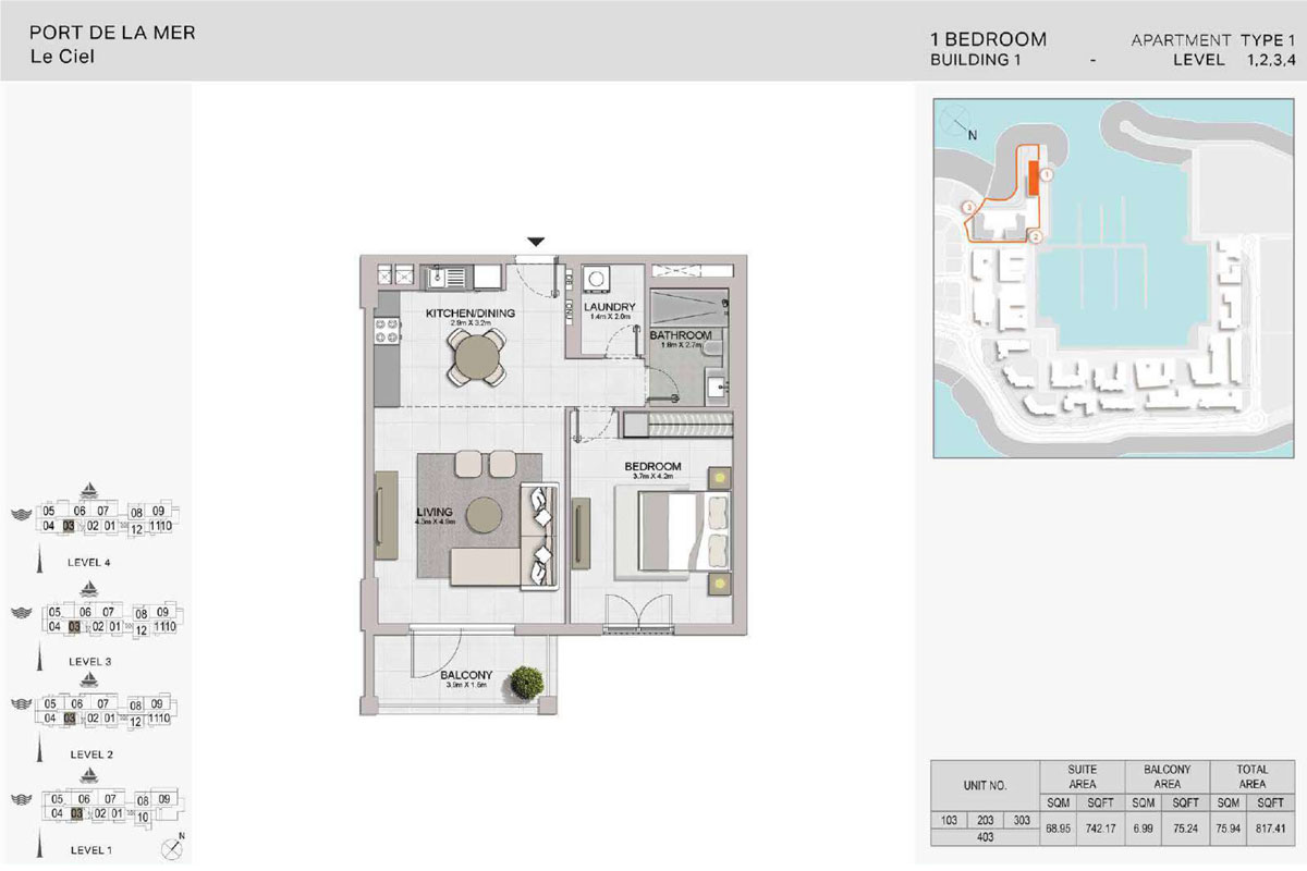 Le Ciel at Port de la Mer Floor Plan 1BR