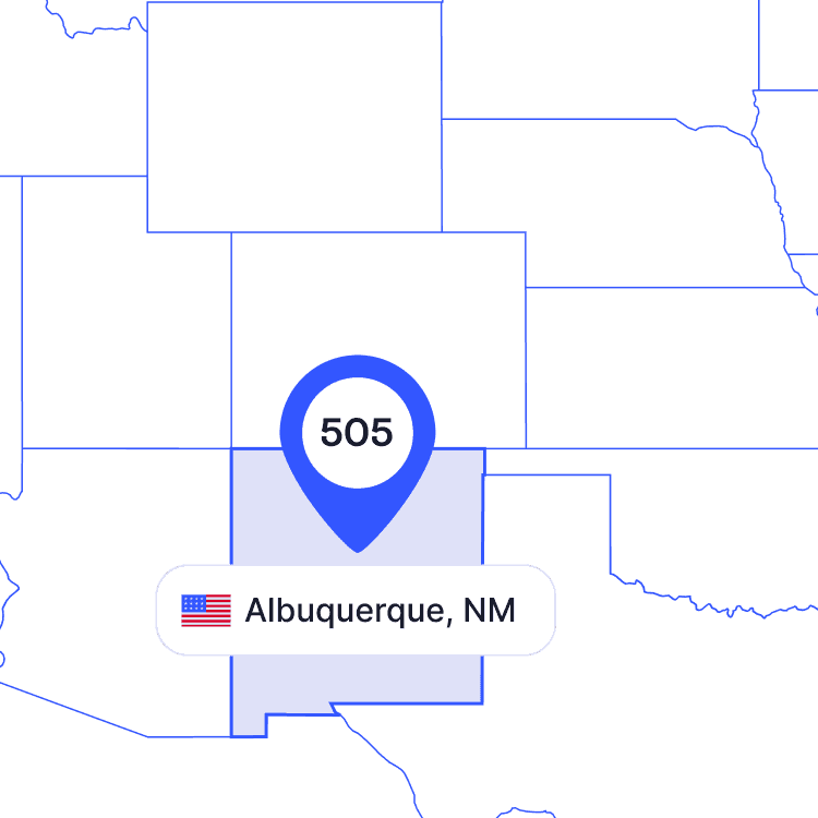 US map of 505 area code phone numbers and its coverage region