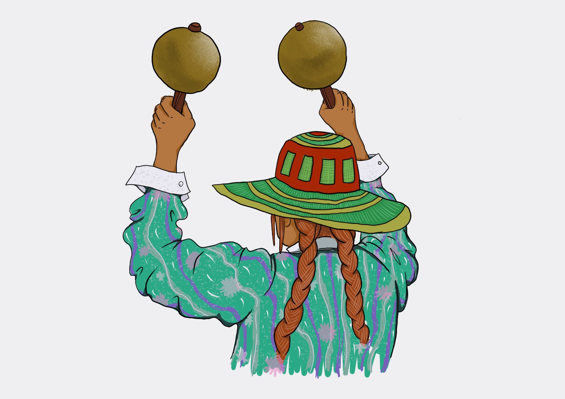 Ilustracion de una mujer sosteniendo unas maracas en alto
