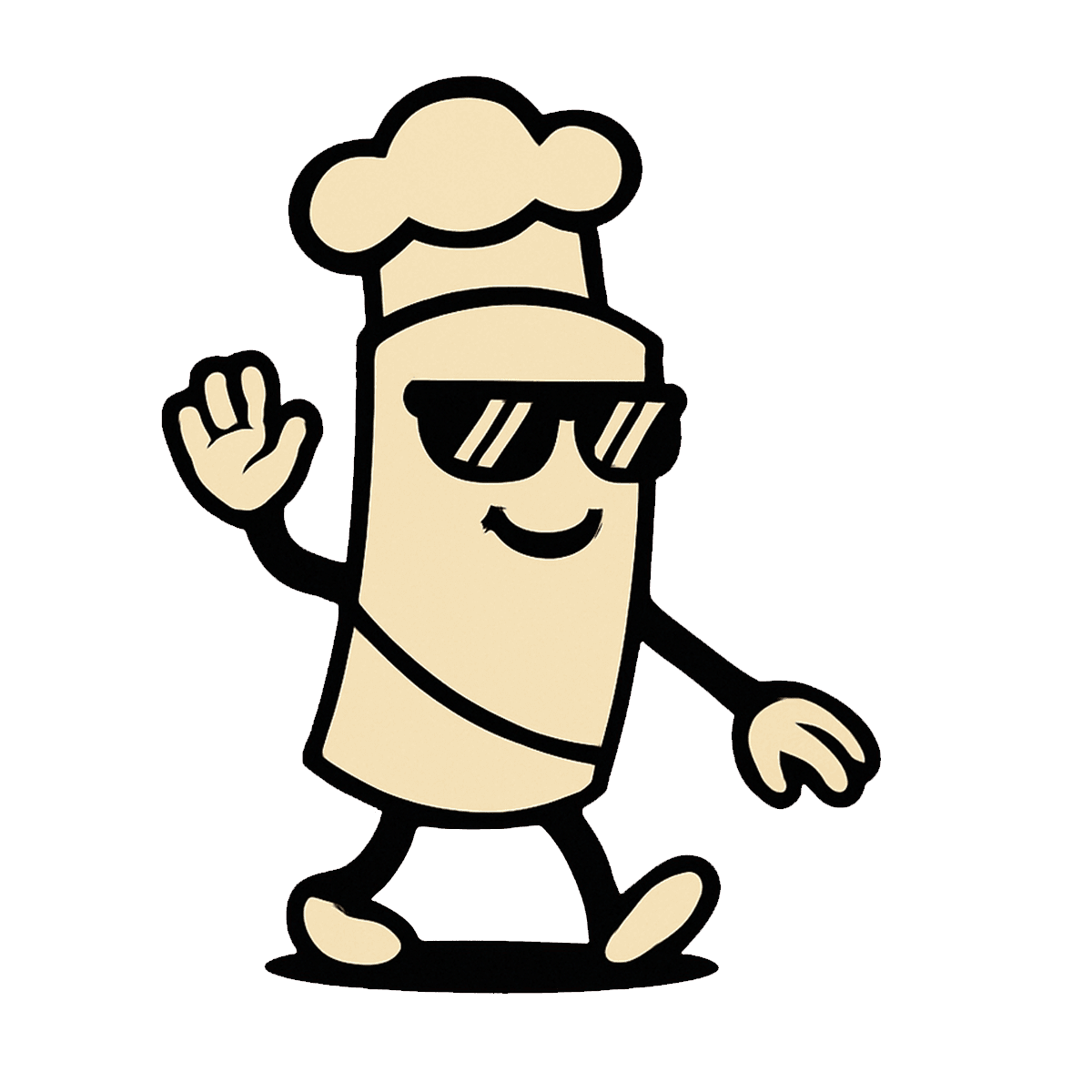 Rico Rolls mascot illustration of a smiling wrap character wearing sunglasses and a chef hat, waving while walking.