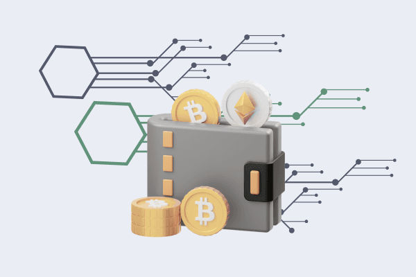 A 3D-style digital illustration featuring a grey wallet with gold and silver cryptocurrency coins, including Bitcoin and Ethereum. The wallet and coins are set against a light background with abstract, branching circuit lines and hexagonal nodes, symbolizing blockchain technology and digital finance.