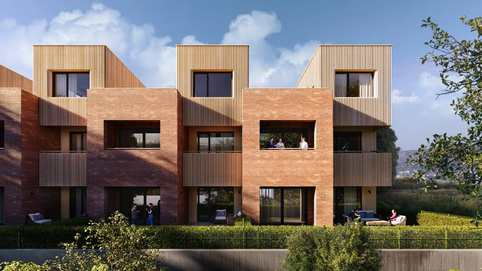 Brick and wood facade with cozy balconies and urban charm