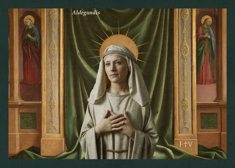 Sacred artwork by Faith and Verse. © Faith and Verse, 2026. All rights reserved. Catholic Saint Aldegundis of Maubeuge holy card—7th-century Frankish abbess, virgin, and healer, known for her humility and care for the sick—5×7 traditional saint portrait by Faith and Verse.
