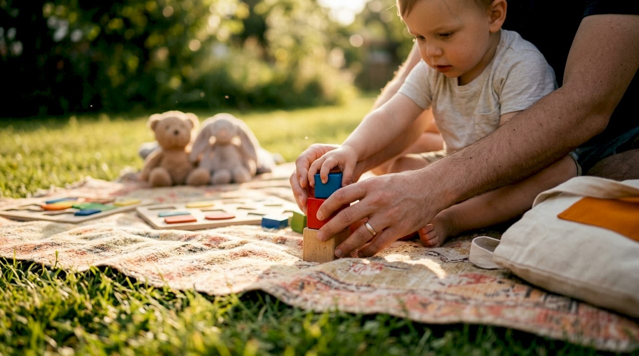 Parent guiding child stacking blocks