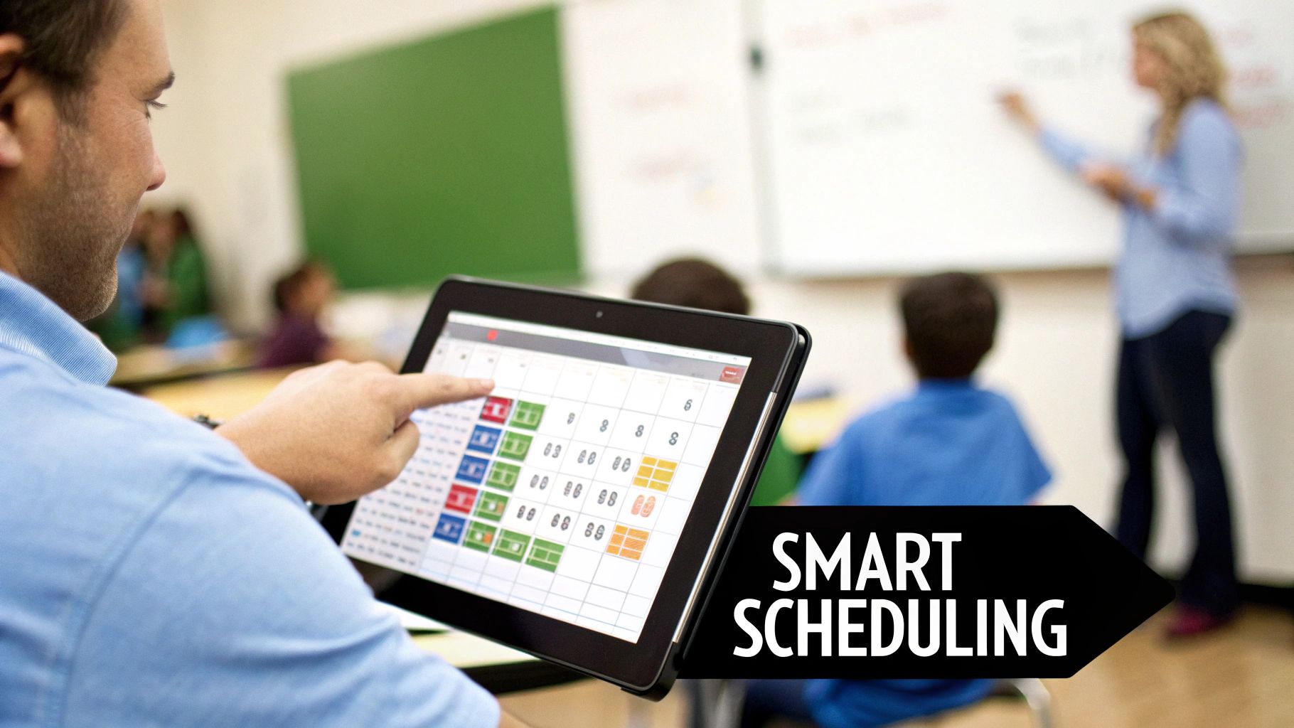 Educator uses a digital tablet for smart scheduling in a busy classroom environment.