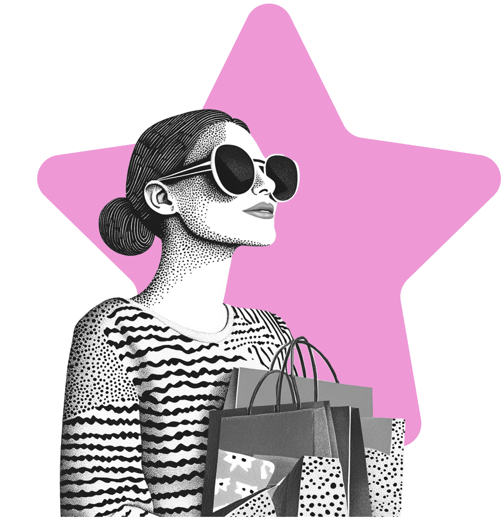 Illustration d'une femme avec des lunettes de soleil et des sacs de shopping devant une étoile rose.