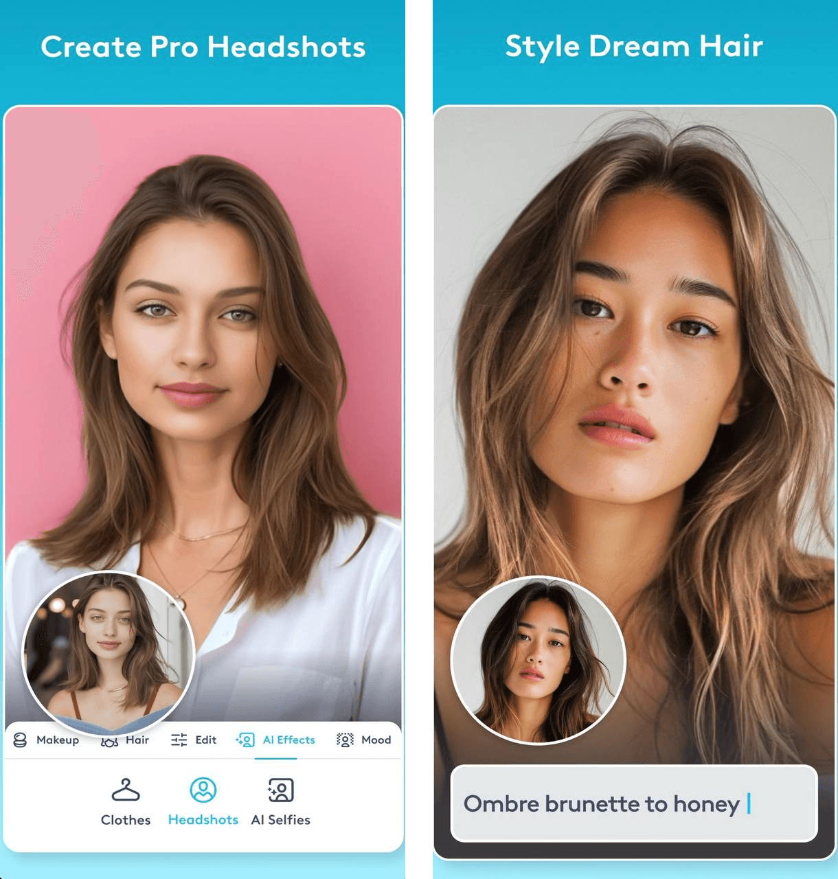 FaceTune create pro headshots tool showing a portrait of a woman in casual clothes transformed into a professional ai generated headshot