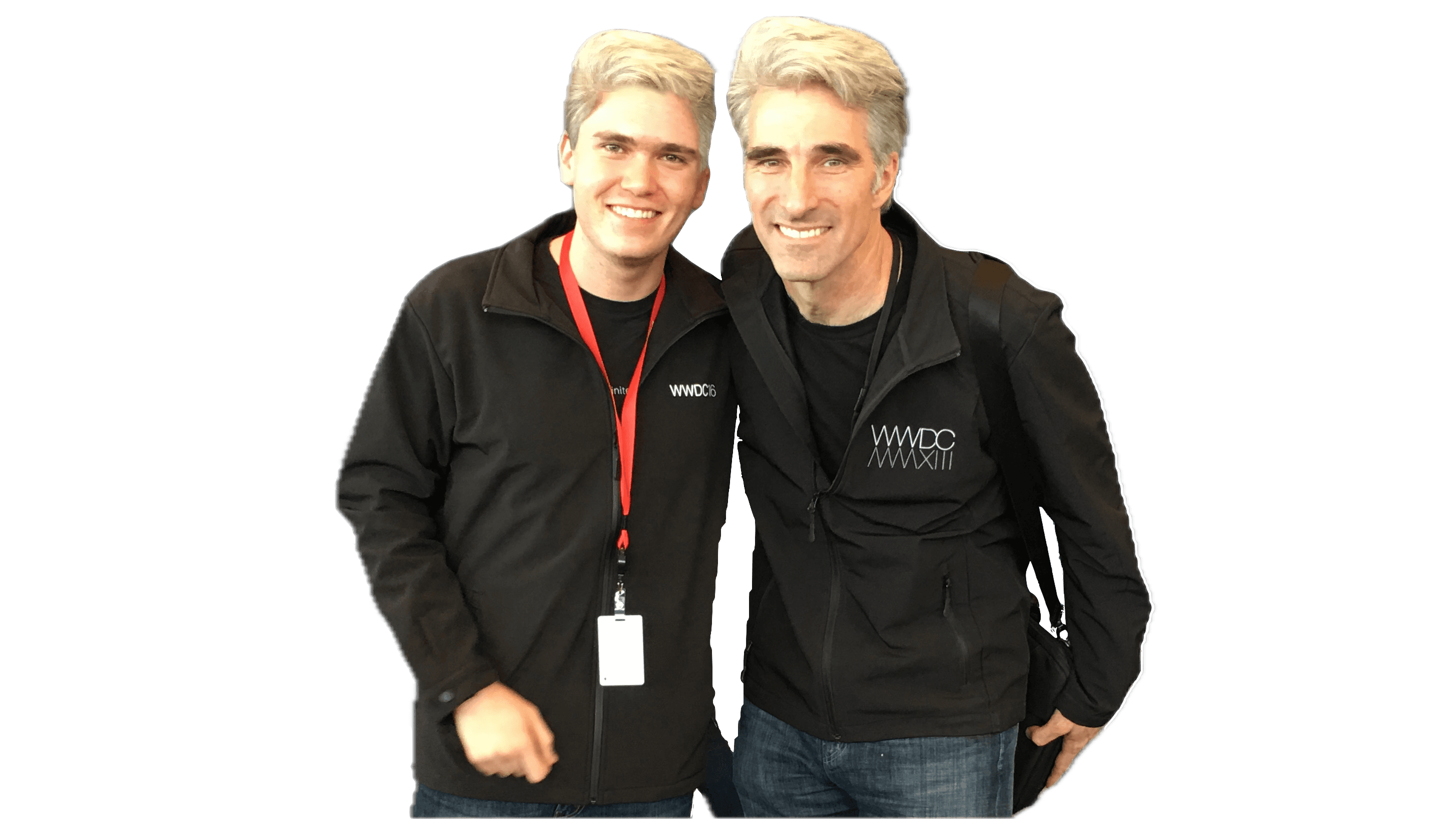 Alex with Craig Federighi with matching "Hair Force One" hair photoshopped over Alex's hair