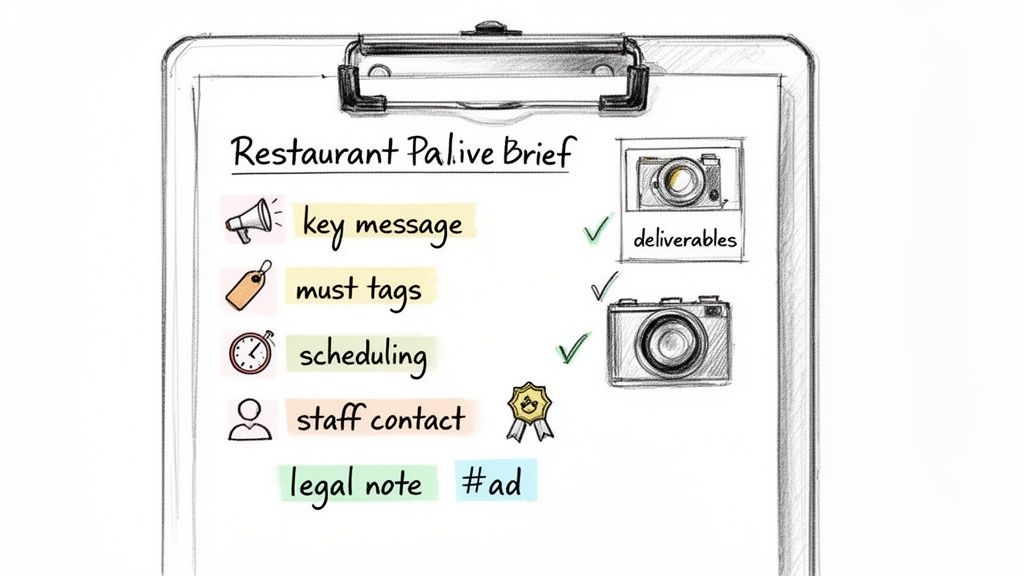 A hand-drawn sketch of a restaurant brief on a clipboard outlining campaign details and deliverables.