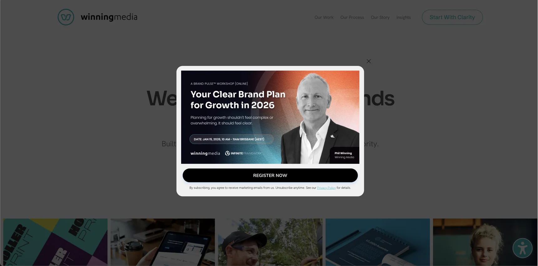 A centered B2B webinar registration popup by Claspo on the Winning Media agency website promoting an online brand strategy workshop for 2026 with a high-contrast registration layout.