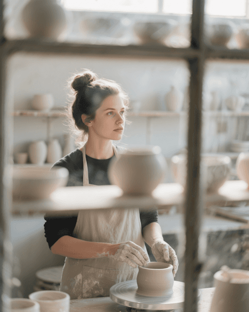 A young woman shapes pottery on a wheel in a sunlit studio, surrounded by shelves of ceramic pieces, viewed through a window.