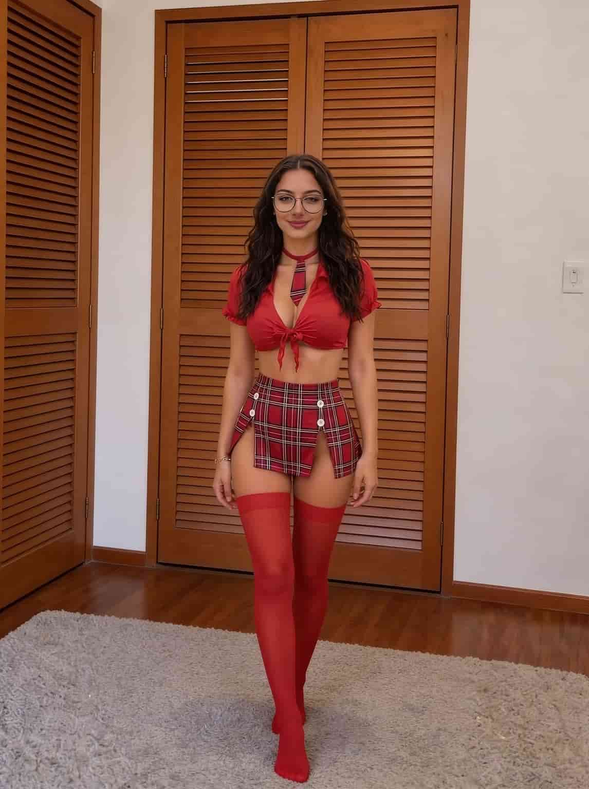Girl in red skirt suit and stockings via free nsfw ai image generator.