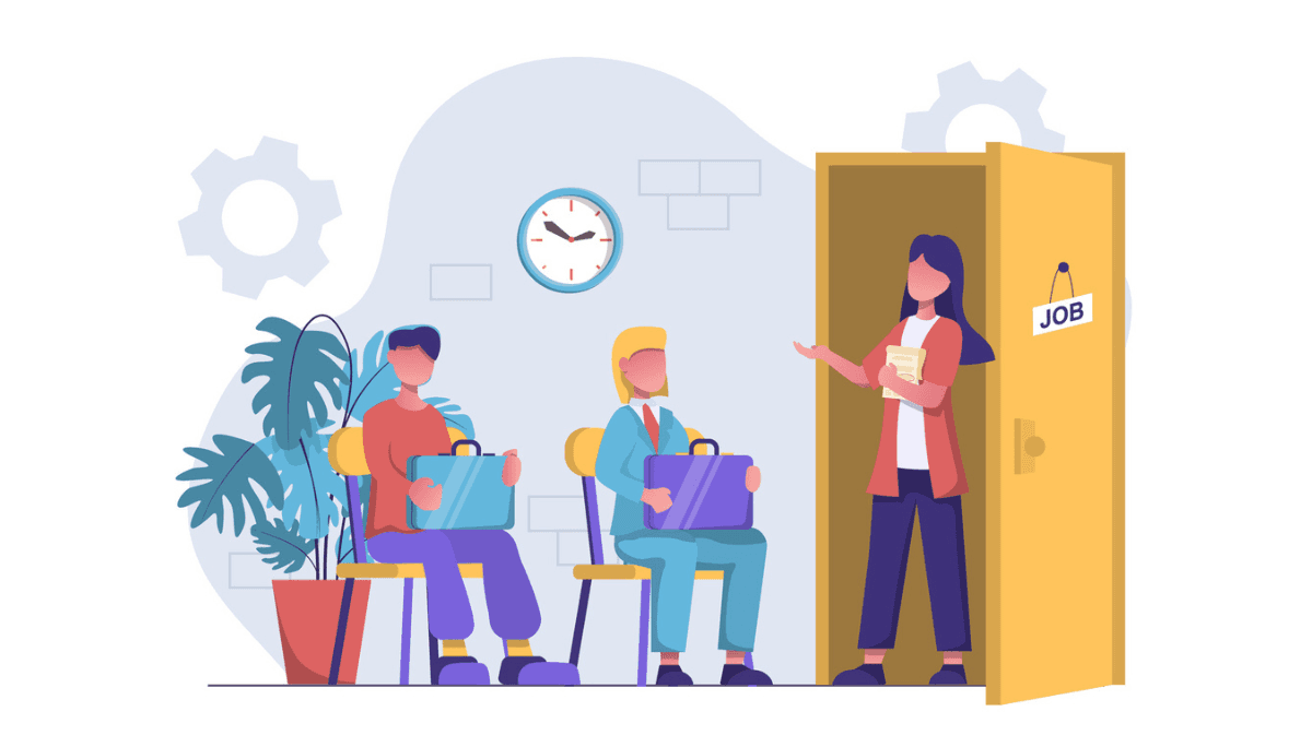Illustration of job candidates waiting in a reception area with a visible wall clock and one being invited into a room labeled “JOB”—representing the timing and duration of different types of job interviews.