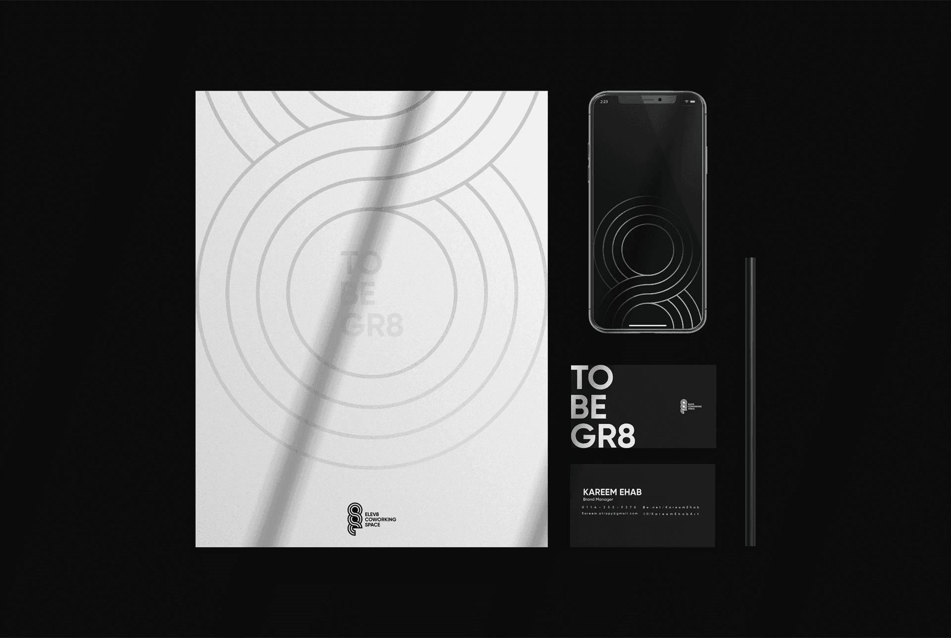 ELEV8 black and white stationery featuring flowing lines and the To Be Gr8 tagline.