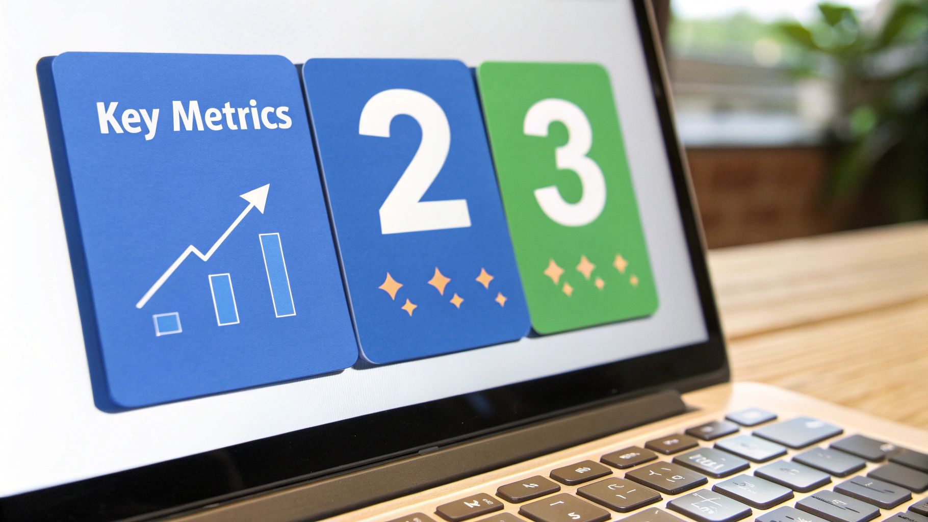 A laptop screen showing three colored cards: 'Key Metrics' with an upward trending graph, and numbers '2' and '3'.