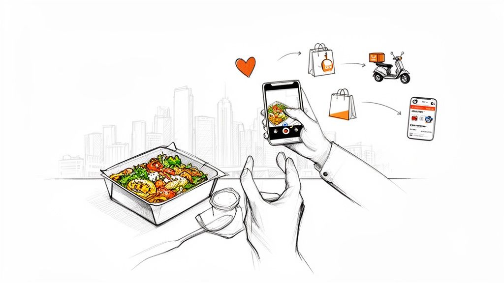 Hands photographing a takeout meal with a smartphone, illustrating food delivery and online ordering.