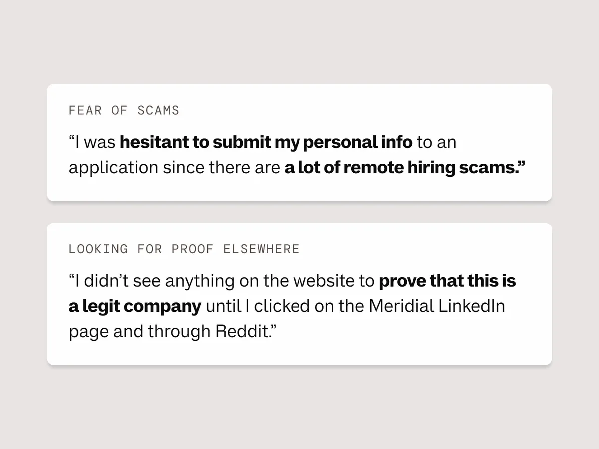 Two applicant quotes: one was wary of sharing personal details because of remote hiring scams, and one only trusted Meridial after checking its LinkedIn page and Reddit.