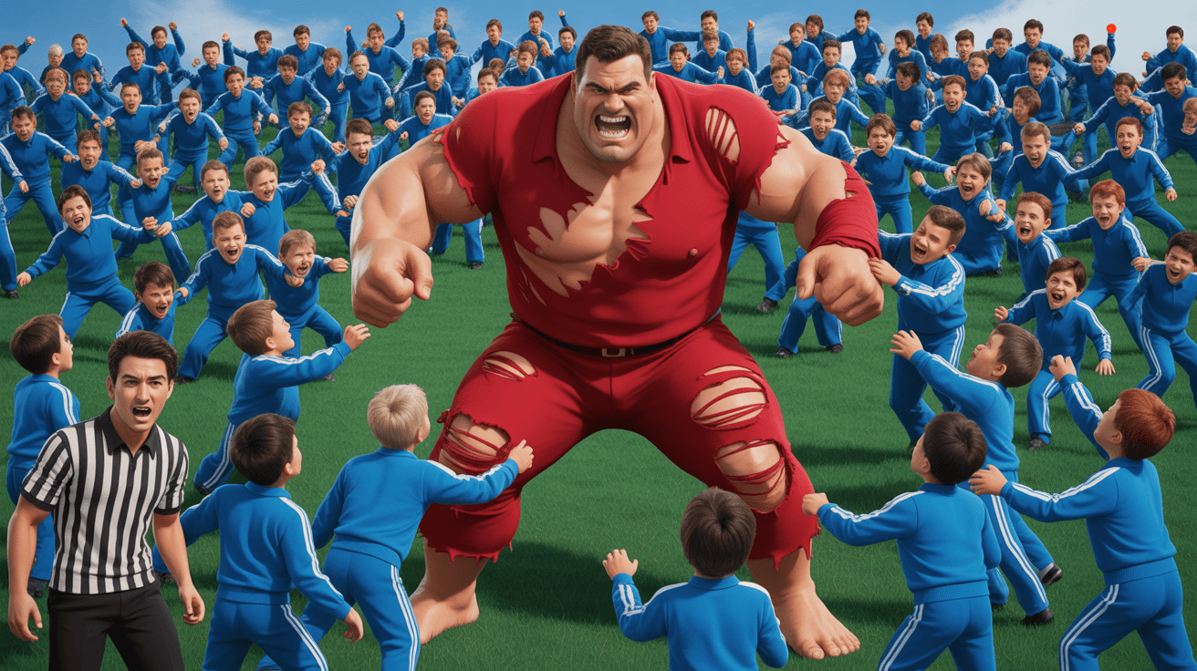 Huge strongman surrounded by children in blue tracksuits for mass versus battle thumbnail