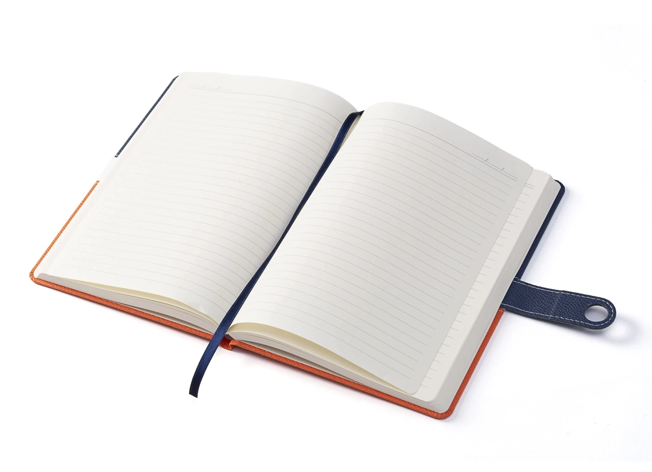 Open notebook displaying lined pages and blue ribbon bookmark.